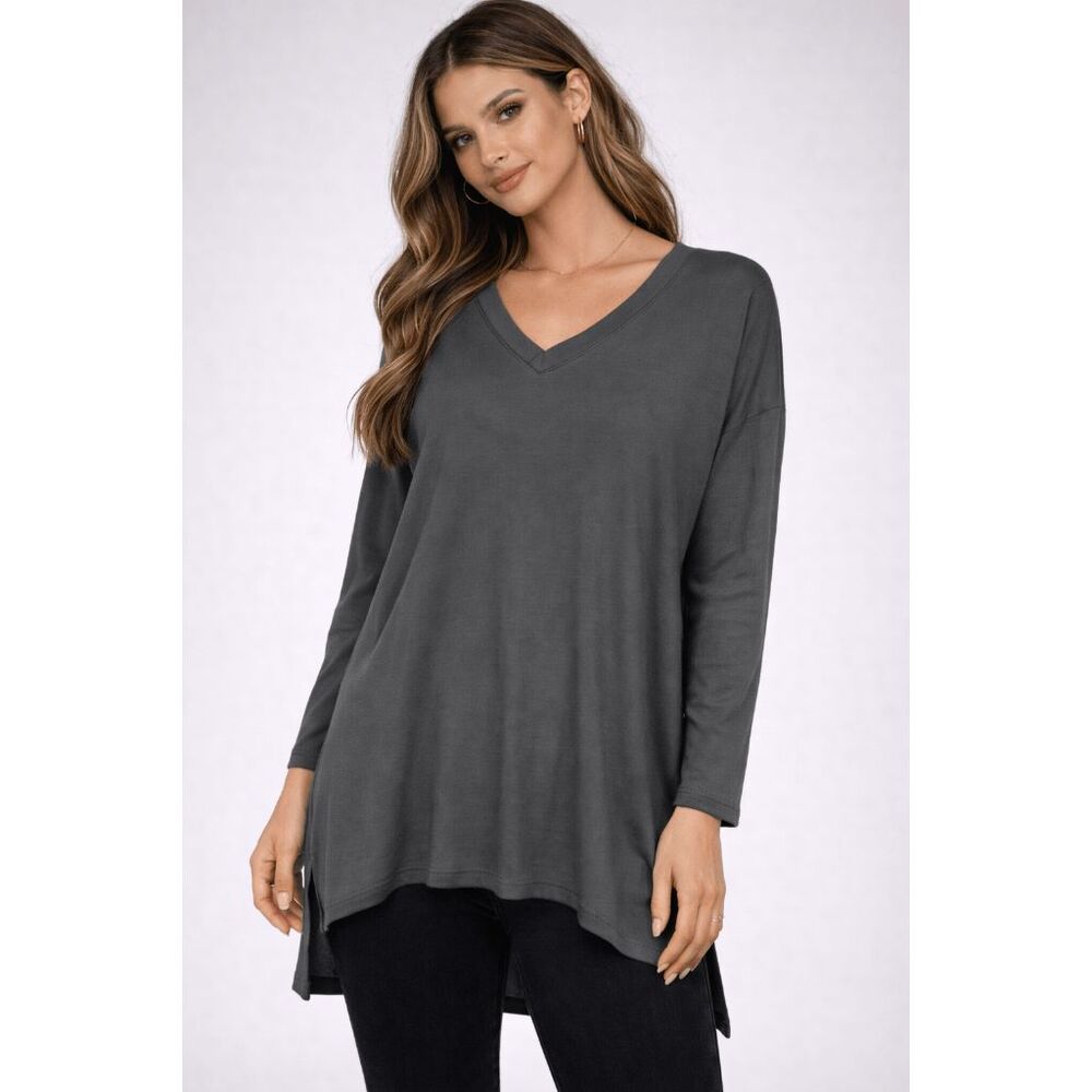 Zenana Women's Gray V-neck Long Sleeve Top M
